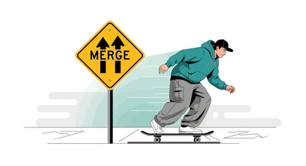 Fototapeta premium Youthful Energy Unfolding Skateboarder Navigating Through Urban Landscape And Traffic Signs
