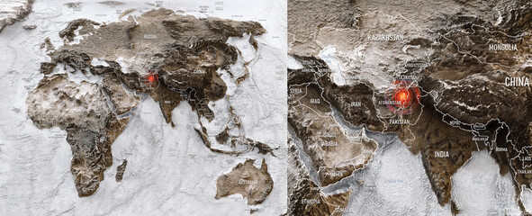 3D detailed relief map showing 6.0 magnitude earthquake in eastern Afghanistan. Epicenter highlighted in rugged terrain. Geology breaking news, natural disaster reporting, seismic activity, education