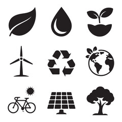 Set of Various icons representing nature and clean environment. Vector black silhouette. with white background