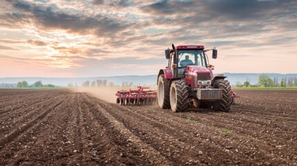 Obraz premium A farmer operates a red tractor, cultivating the soil in a vast field during sunset. Dust rises as the machine prepares the land for planting, surrounded by scenic hills.