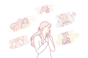 Young woman feel nostalgic remembering different scenes from life. Happy girl memory with positive and negative events. Nostalgia and recollection. Vector illustration.