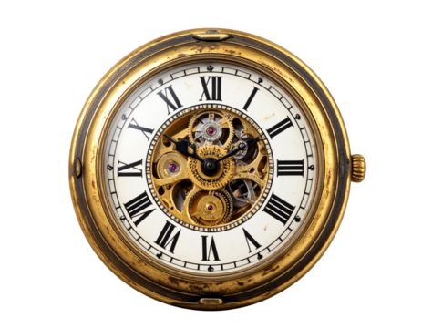  - Antique Pocket Watch Open Face with Roman Numerals, Aged Brass Patina, isolated on transparent background