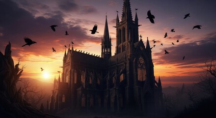 Obraz premium A castle silhouetted against a dramatic sunset sky with crows circling overhead, creating a dark and eerie Halloween atmosphere