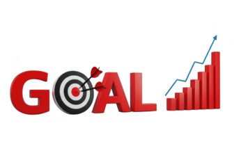 Red 3d text goal with dartboard and upward trend bar graph isolated on transparent background
