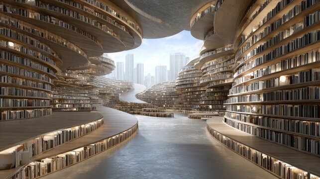 An innovative library showcases spiral bookcases with countless volumes amidst a sleek, modern architecture. Sunlight filters in, illuminating the serene reading paths and city views.