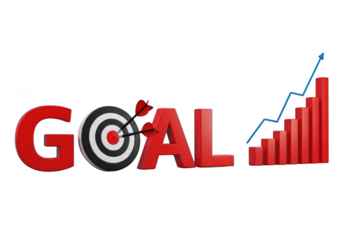 Red 3d text goal with dartboard and upward trend bar graph isolated on transparent background