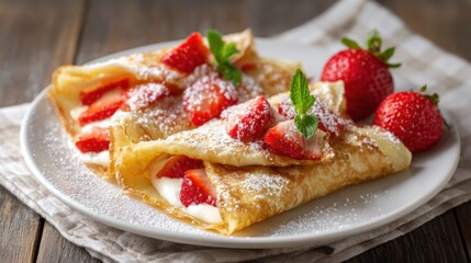 A plate of freshly made crepes filled with creamy filling and topped with sliced strawberries sits on a rustic wooden table. Mint leaves and powdered sugar add an appealing touch.