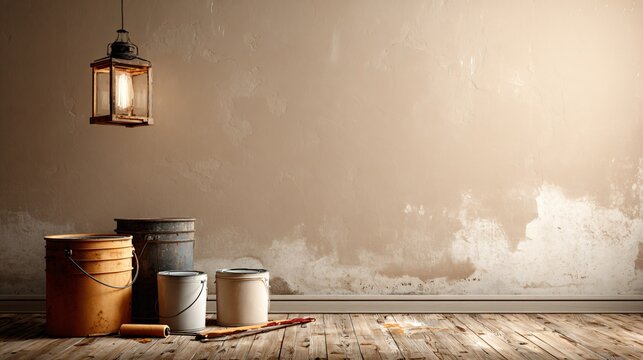 An empty room mid-renovation, patchy beige walls with paint buckets and rollers on floor, rustic lighting