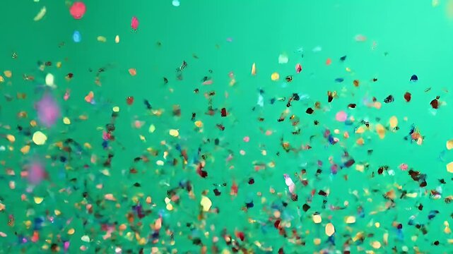 Multicolored confetti on green background for joyful designs. Ideal for party invitations, celebration posters, festive social media graphics, and event promotions.