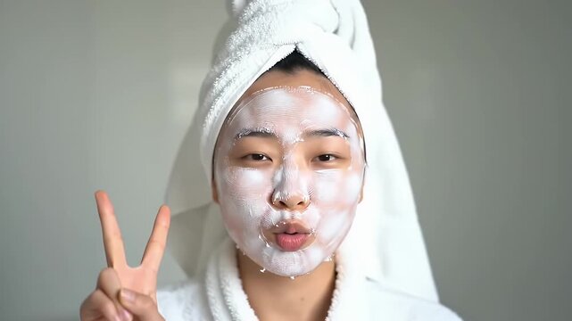 Woman with White Facial Mask and Towel Wrapped Head Makes Peace Sign in Close Up Against a White Background Demonstrating Beauty and Self-Care Practices Suitable for Skincare Promotion - Powered by Adobe