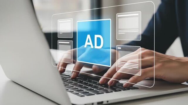 Creating Online Ads: Hands Typing on Laptop Keyboard with Advertising Design Interface Overlay for Digital Marketing and Business Growth
