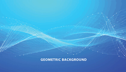 Dynamic blue abstract background with flowing wave lines and interconnected dots, representing digital connectivity and futuristic technology concepts