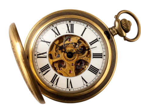  Open Pocket Watch with Visible Clock Hands at Ten Past Two, Elegant Antique Design, isolated on transparent background