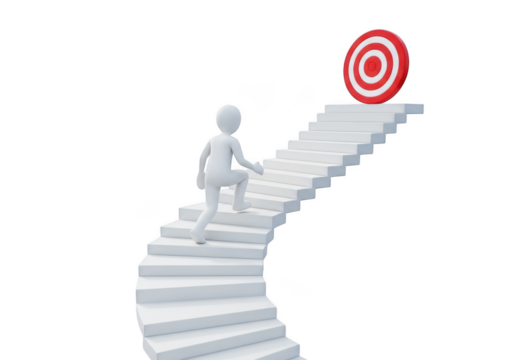 3d white figure ascending spiral staircase towards red and white target isolated on transparent background