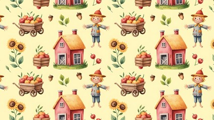 Charming watercolor autumn farm scene pattern