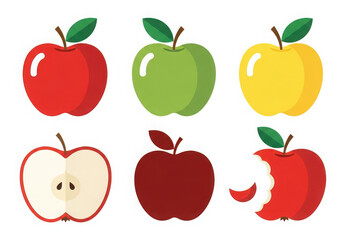 Collection of six different apples including whole red green and yellow varieties and a sliced apple