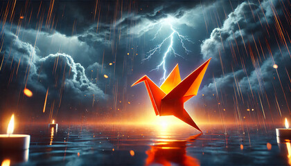 Orange Origami Bird Rising in a Stormy Night Sky &ndash; 16:9