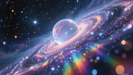 A transparent ellipsoidal planet is faintly visible among the star clusters, connecting the cosmic whirlpool of emptiness, creating a sense of magnificent fantasy