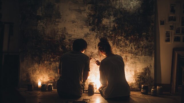 A romantic scene of couple painting wall together by candlelight - Powered by Adobe