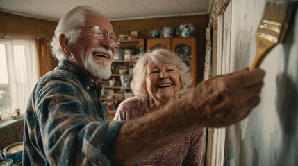 A senior couple painting a room together, laughing, rustic autumn sunlight, homey atmosphere