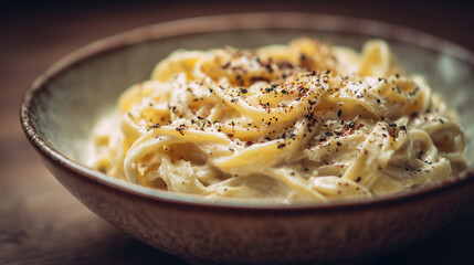 Creamy pasta carbonara with parmesan flakes and black pepper in ceramic bowl, warm golden lighting