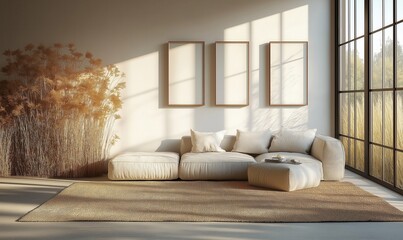 Modern living room design with cozy furniture and wall art in soft colors.