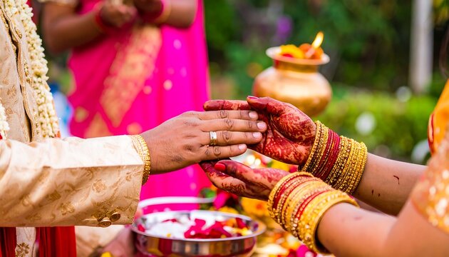 Indian couple exchanging hands in a ceremony