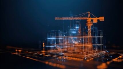 3D construction site visualization with crane, ideal for presentations, reports, or marketing materials