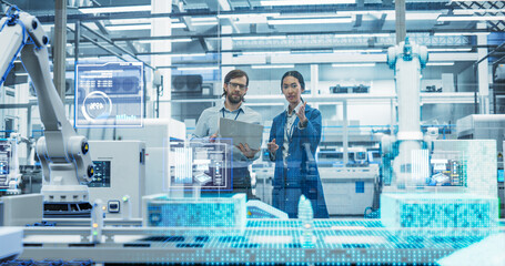 Electronics Factory Assembly Line Digitalization: Automated Robot Arms Manufacturing Advanced Equipment. Managers Discussing Work while Futuristic AI Computer Vision Analyzing, Scanning Conveyor Line