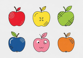 Collection of six colorful hand drawn cartoon apples with faces and stems