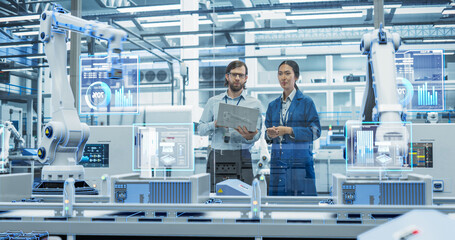 Electronics Factory Assembly Line Digitalization: Automated Robot Arms Manufacturing Advanced...