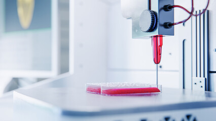 Medical Laboratory Bioprinting 3D Human TIssue and Muscles. Advanced Machine Manufacturing an Artificial Organ or Meat From a Digital CAD Model. Anatomy and Genetic Engineering Concept