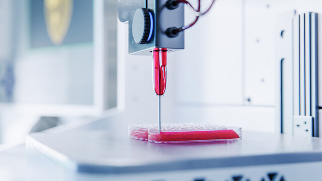 Medical Laboratory Bioprinting 3D Human TIssue and Muscles. Advanced Machine Manufacturing an Artificial Organ or Meat From a Digital CAD Model. Anatomy and Genetic Engineering Concept
