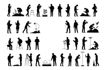 Silhouette, scientist, botany, research, plant, study, observation, experiment, ecology, environment, vector, icons, set, black, isolated, design, reference, flat, illustration, collection