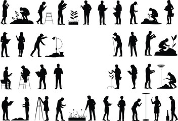Silhouette, scientist, botany, research, plant, study, observation, experiment, ecology, environment, vector, icons, set, black, isolated, design, reference, flat, illustration, collection