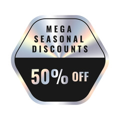 Mega seasonal discounts 50%. Isolated holographic sticker vector.