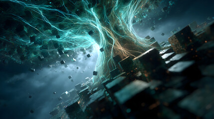 Chaotic abstract explosion of glowing teal energy forms cosmic vortex. Futuristic debris floats in dramatic science fiction background