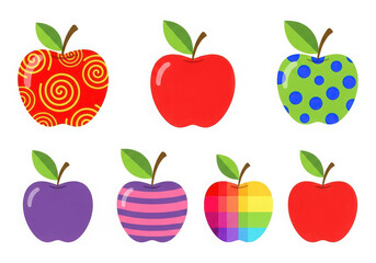 Collection of seven colorful and patterned apples with green leaves on white background