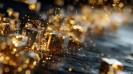 Dynamic angle shot of abstract golden cubes and glittering particles representing digital data flow on futuristic technological background