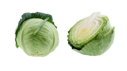 Fototapeta premium A whole head of green cabbage is shown next to one that has been cut in half.