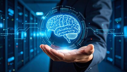 A hand holds a digital holographic brain, representing the tangible interface, Generated with AI.