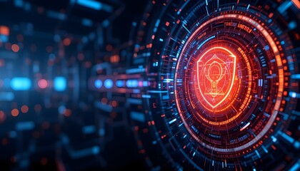 Fototapeta premium Cybersecurity Digital Shield Hologram with Glowing Neon Layers