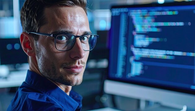 A focused programmer stares intently at lines of code on a computer monitor in a dimly lit workspace.
