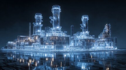 Futuristic digital blueprint of a power plant with glowing structures and circuitry, showcasing advanced technology and innovation in energy production.