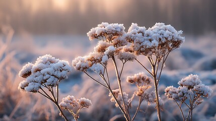Frozen icy flowers in winter. Frost-covered wildflowers in winter field on the evening or morning. ai generative.