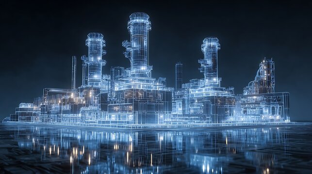 Futuristic digital blueprint of a power plant with glowing structures and circuitry, showcasing advanced technology and innovation in energy production.