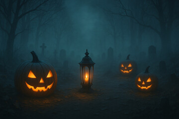 Mysterious Halloween Night with Fog and Glowing Lanterns, 16:9