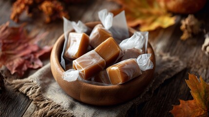 An apple cider caramels wrapped in wax paper, resting in a wooden bowl, fall decor around, warm flat lay with autumn textures