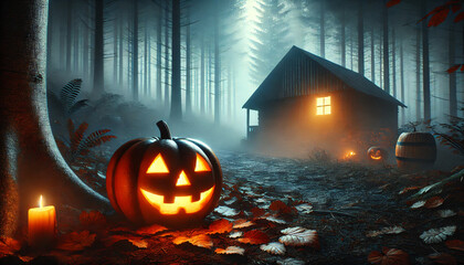 Mysterious Halloween Night with Fog and Glowing Lanterns, 16:9