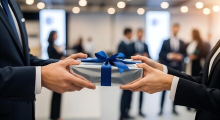 Networking and Appreciation: A Formal Gift Exchange Against the Backdrop of a Corporate Event.